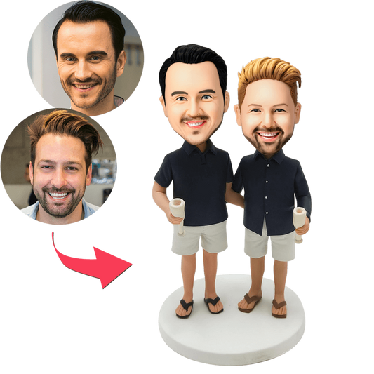Casual Same-sex Male Couple Custom Bobblehead With Engraved Text