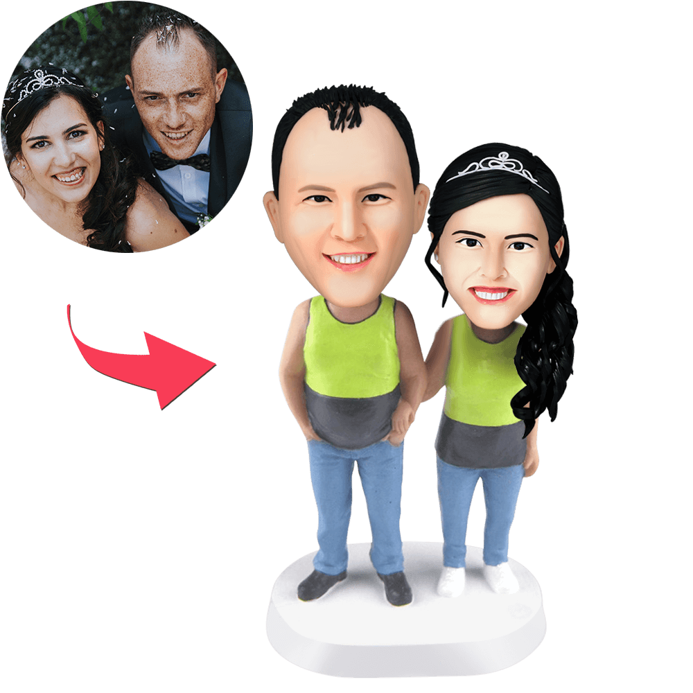 Couple Wearing Tank Tops Custom Bobblehead With Engraved Text