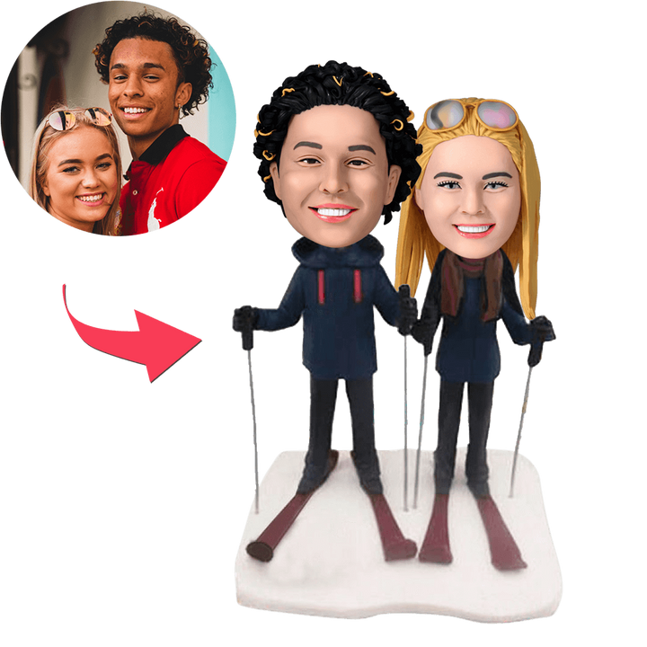 Skiing Couple Custom Bobblehead With Engraved Text