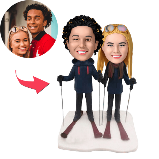 Skiing Couple Custom Bobblehead With Engraved Text