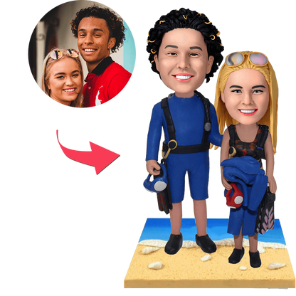 Wetsuit Beach Couple Custom Bobblehead With Engraved Text
