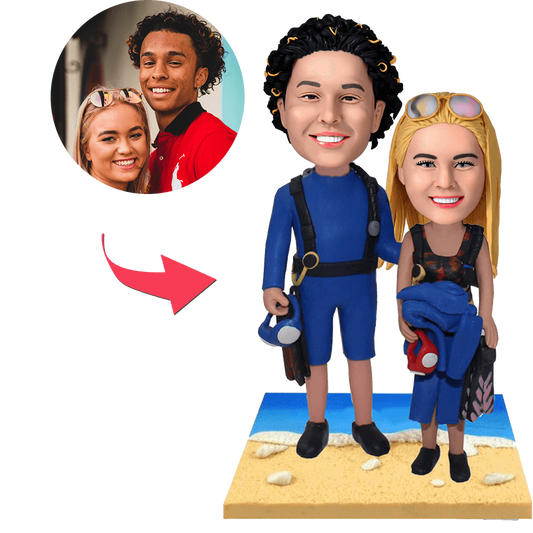 Wetsuit Beach Couple Custom Bobblehead With Engraved Text