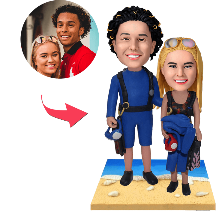 Wetsuit Beach Couple Custom Bobblehead With Engraved Text