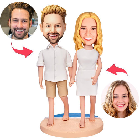 Couple Walking On The Beach Custom Bobbleheads With Engraved Text