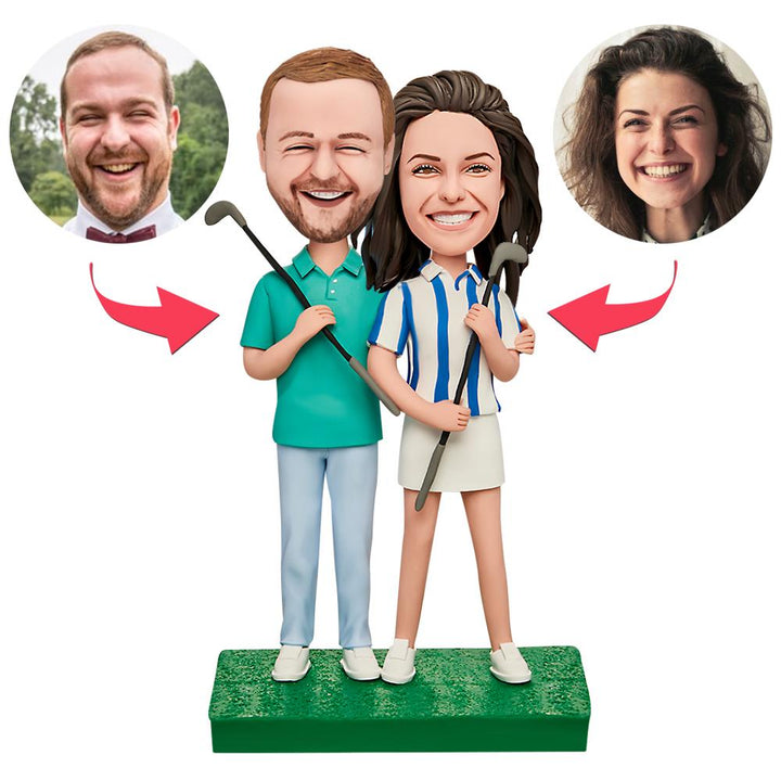 Couple Playing Golf Custom Bobblehead with Engraved Text
