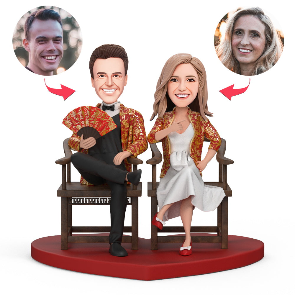 Couples in Traditional Chinese Garments Custom Bobblehead with Engraved Text