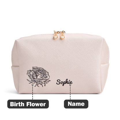Personalized Birth Flower Makeup Bag Large Capacity Leather Cosmetic Bag Gift for Her