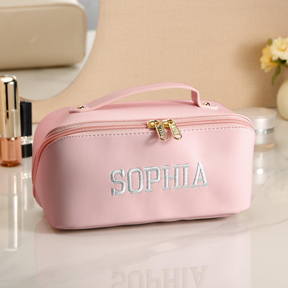 Personalized PU Leather Waterproof Makeup Bag with Embroidery Name Cosmetic Bag Travel Accessory Birthday Wedding Gift for Her