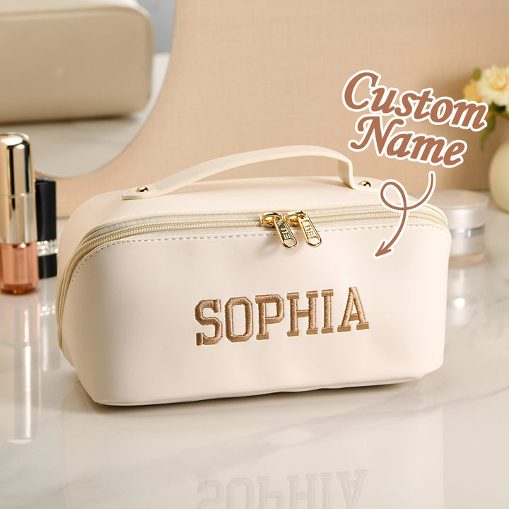 Personalized PU Leather Waterproof Makeup Bag with Embroidery Name Cosmetic Bag Travel Accessory Birthday Wedding Gift for Her