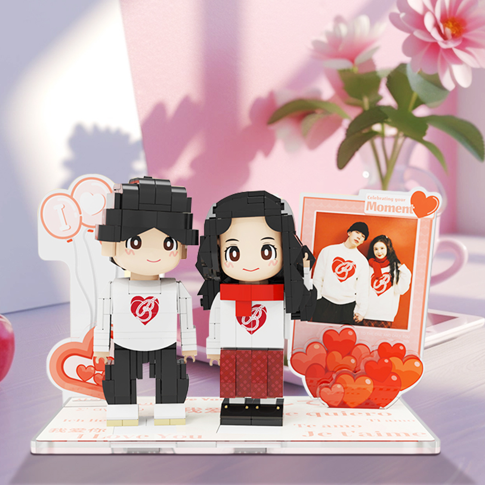 Full Body Customized 2 People Duddu Brick Figures with Photo Gift for Couple Valentine's Day Gift