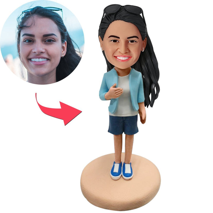 Teenager In Shorts and Blue Jacket Custom Bobblehead With Engraved Text