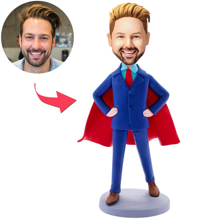 Custom Bobblehead Blue Suit Super Business Man With Engraved Text