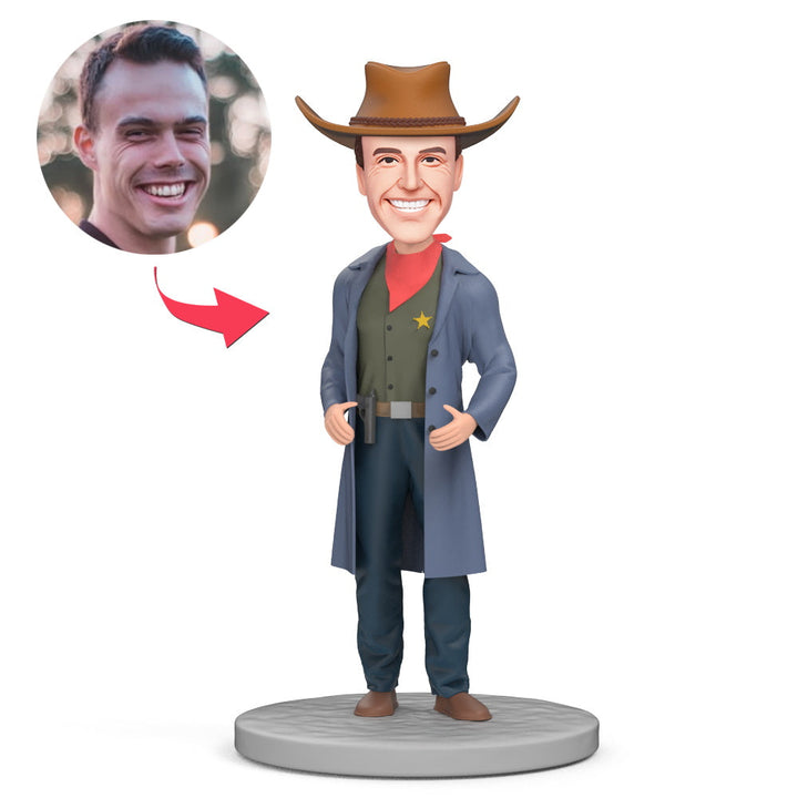 Western Cowboy Long Trench Coat Custom Bobblehead Engraving with Text