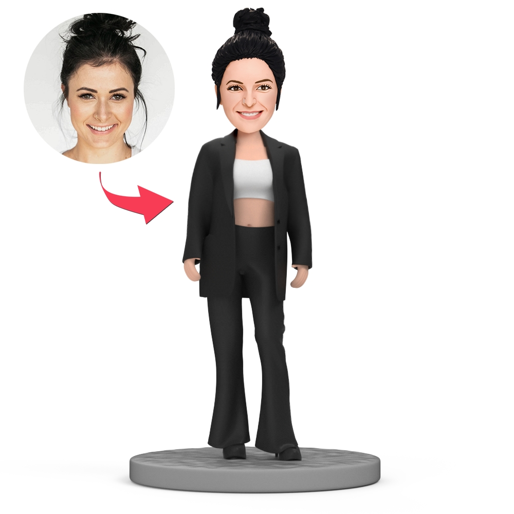 Modern Girl in Black Oversize Suit Custom Bobblehead With Text