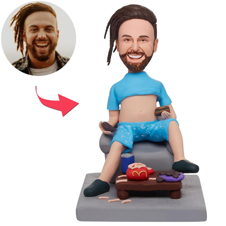 Custom Man Sitting In A Chair Eating Fast Food Bobbleheads With Engraved Text