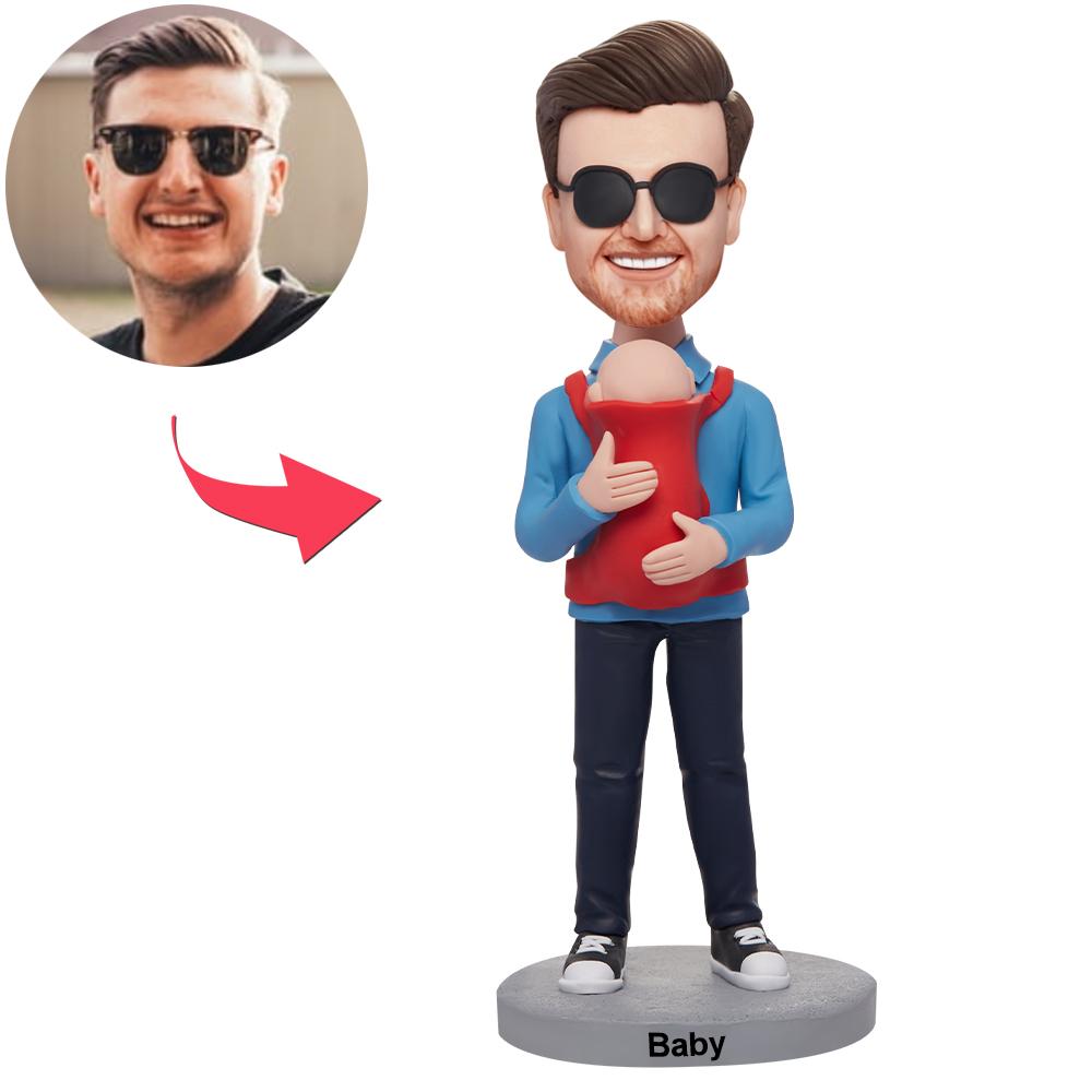 Custom Dad Holding Baby Bobbleheads With Engraved Text