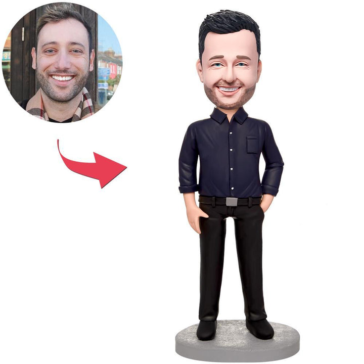 Business Man In Black Suit Custom Bobbleheads With Engraved Text