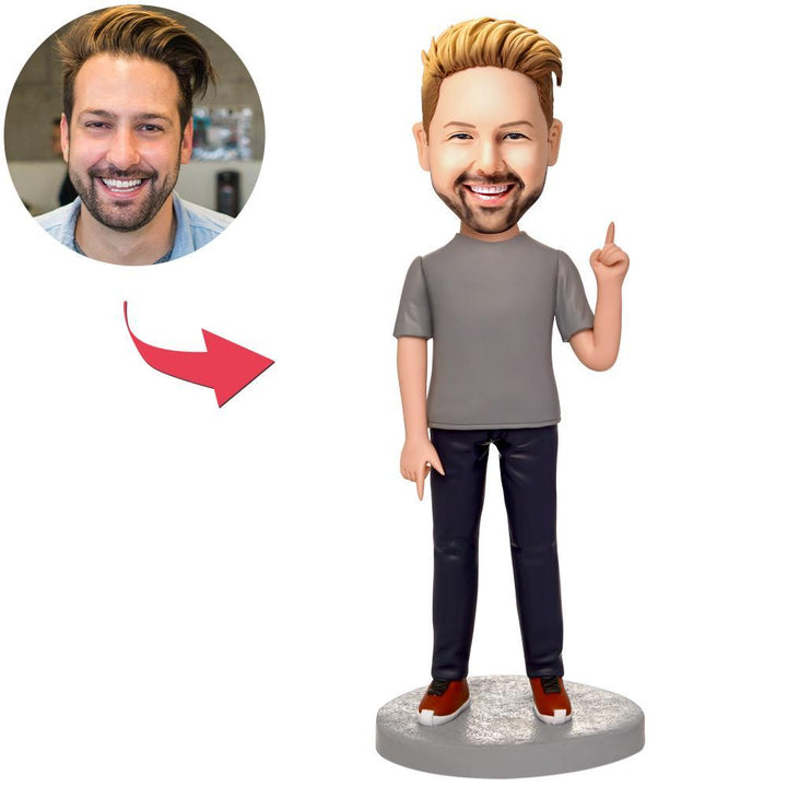 Custom Grey Casual Clothes Man Bobbleheads With Engraved Text