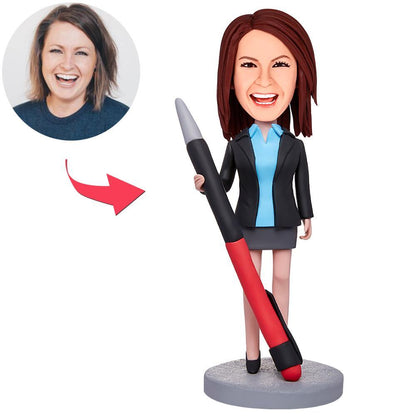 Female Boss And A Pencil Custom Bobbleheads With Engraved Text