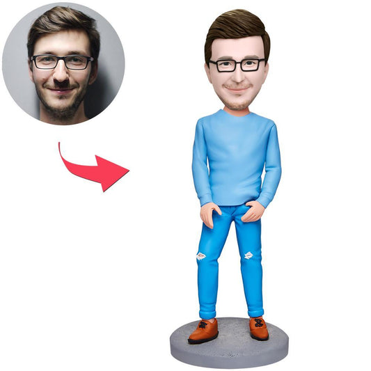 Blue Suit Modern Casual Man Custom Bobbleheads With Engraved Text
