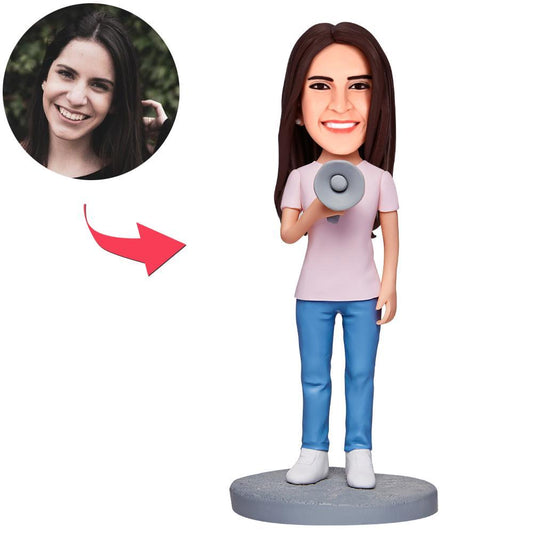 Female Holding A Megaphone Custom Bobbleheads With Engraved Text