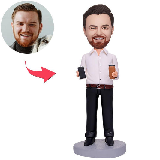 Business Man Holding Coffee And Mobile Phone Custom Bobbleheads With Engraved Text