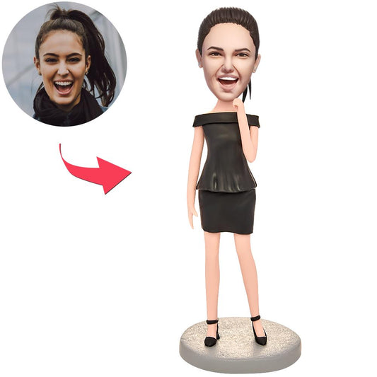 Woman Wearing Black Suit Custom Bobbleheads With Engraved Text