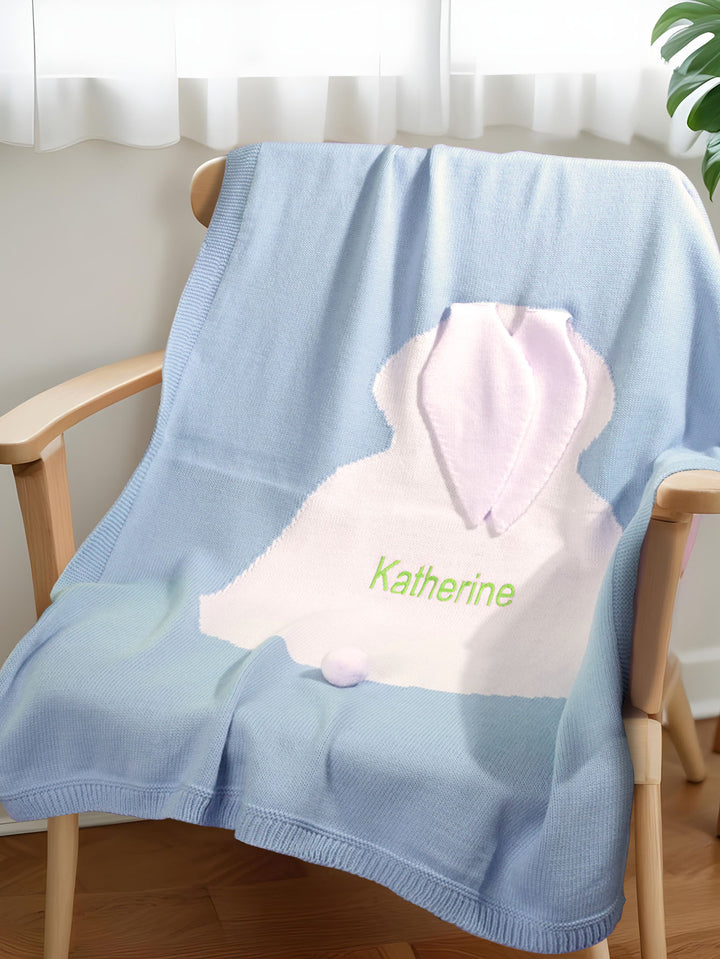 Personalized Knitted Blanket Bunny Blanket with Embroidered Name Gift for Baby