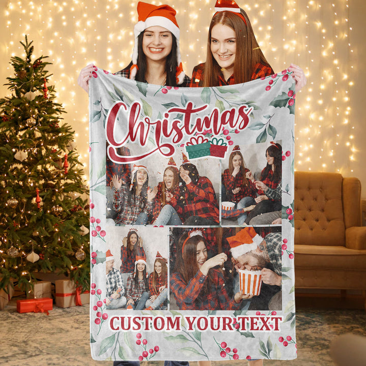 Personalized Collage Photo Christmas Flannel Blanket with Text