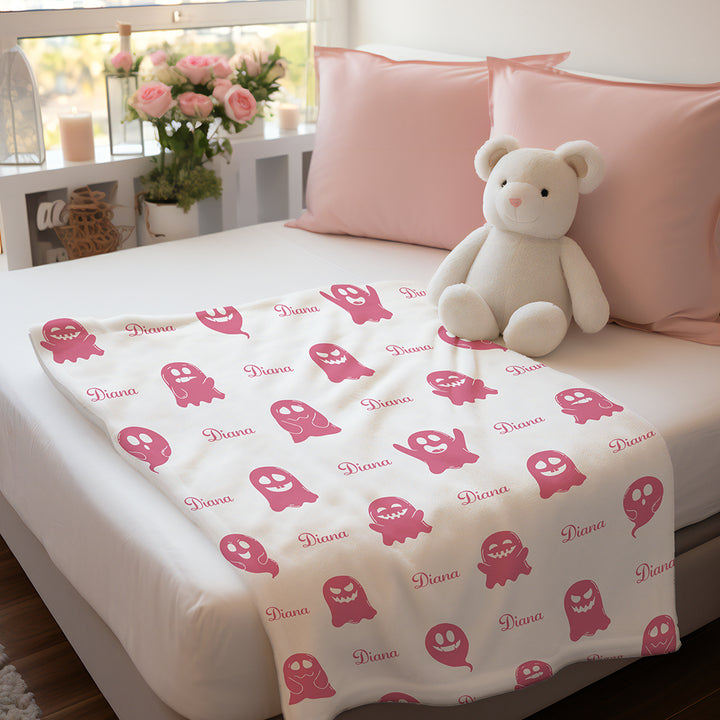 Personalized Name Spooky Ghost Pattern Blanket – Custom Name Engraving Halloween Gift