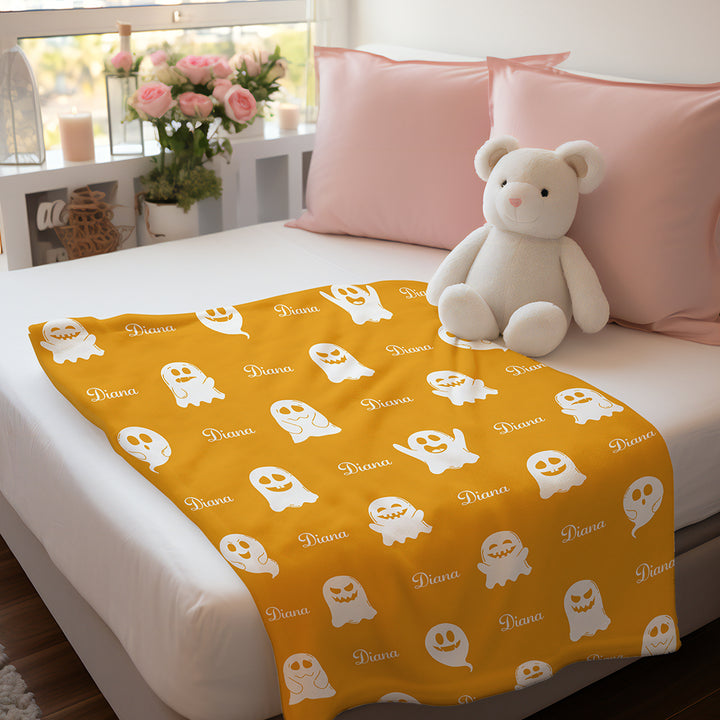 Personalized Name Spooky Ghost Pattern Blanket – Custom Name Engraving Halloween Gift