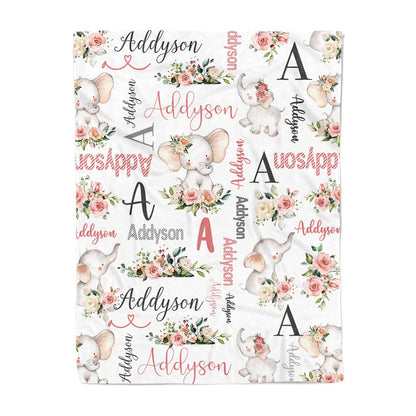 Custom Floral Cute Elephant Blanket with Name Christmas Birthday Baby Shower Gift for Baby Kid Family