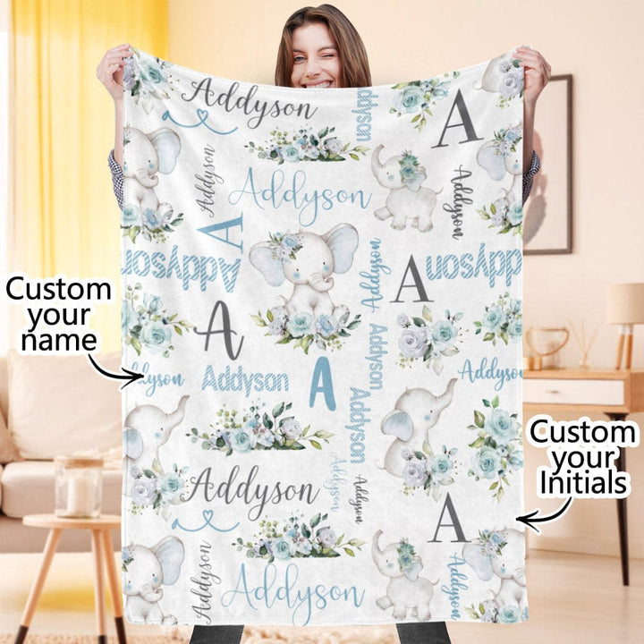 Custom Floral Cute Elephant Blanket with Name Christmas Birthday Baby Shower Gift for Baby Kid Family