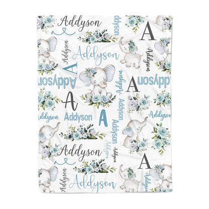 Custom Floral Cute Elephant Blanket with Name Christmas Birthday Baby Shower Gift for Baby Kid Family