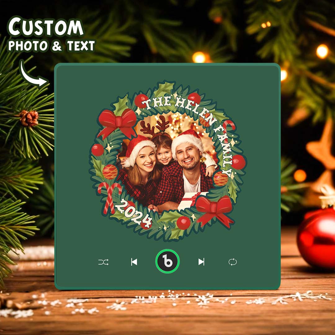 FridgeBeats Framed Personalized Christmas Wreath Family Photo Music Fridge Magnet Custom Music Magnets Can Play Songs Christmas Gifts