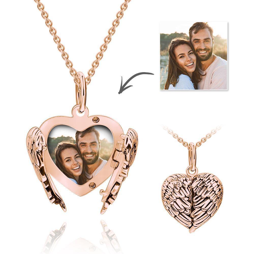 Cutsom Angel Wings Heart Locket Necklace	with Engraving