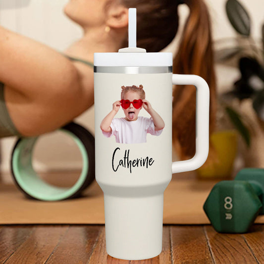 Personalized Text 40oz Insulated Mug with Handle and Straw Stainless Steel Custom Travel Cup Gift for Family Friends Couples