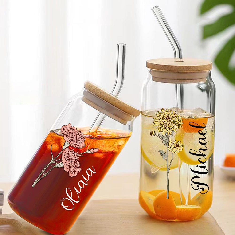Personalized Name Can Glass with Colorful Birth Flower Custom Can Glass with Straw Gift for Mother Friends Family Bridesmaid