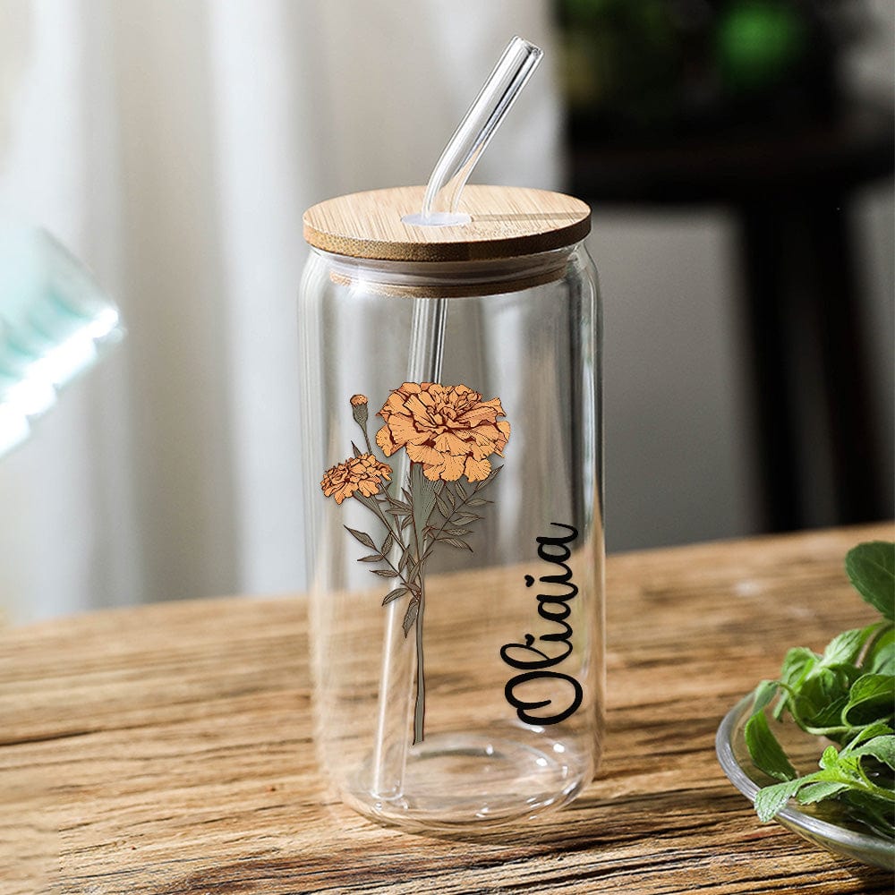 Personalized Name Can Glass with Colorful Birth Flower Custom Can Glass with Straw Gift for Mother Friends Family Bridesmaid