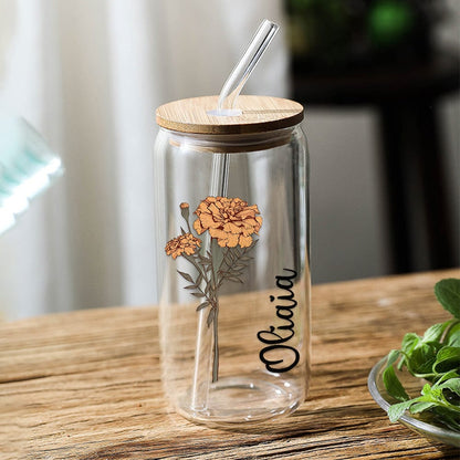 Personalized Name Can Glass with Colorful Birth Flower Custom Can Glass with Straw Gift for Mother Friends Family Bridesmaid
