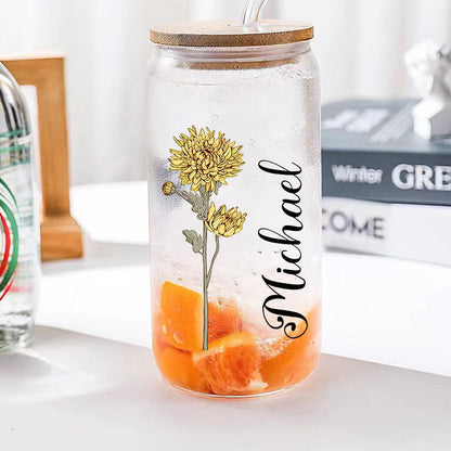 Personalized Name Can Glass with Colorful Birth Flower Custom Can Glass with Straw Gift for Mother Friends Family Bridesmaid