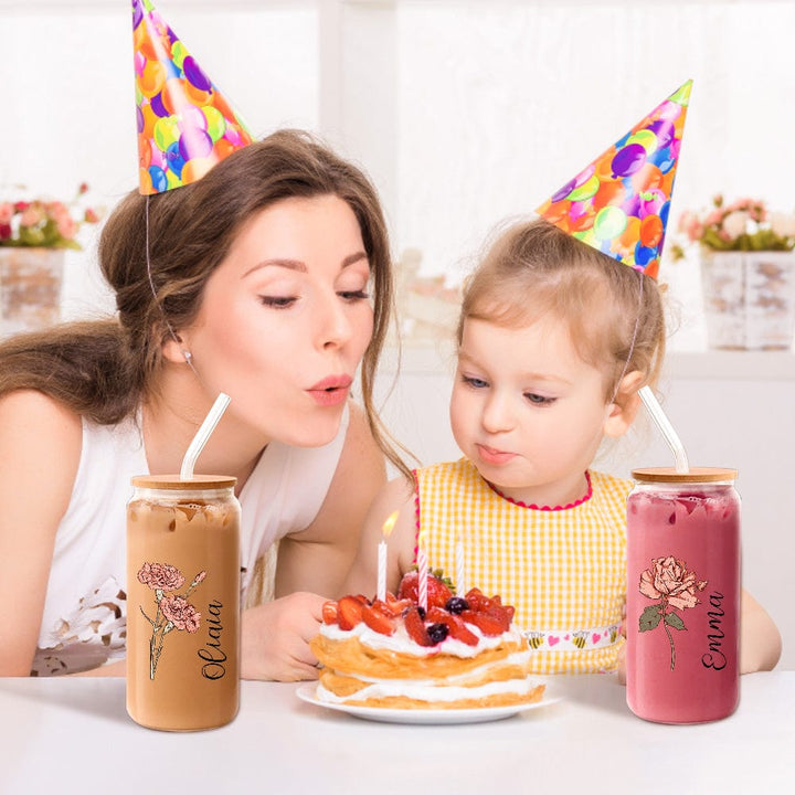 Personalized Name Can Glass with Colorful Birth Flower Custom Can Glass with Straw Gift for Mother Friends Family Bridesmaid