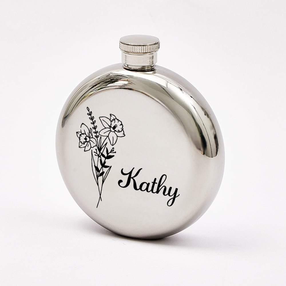 Personalized Name Flask with Birth Flower Custom Flask Gift for Bridesmaid Bachelorette Friends