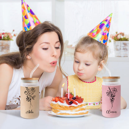 Personalized Name Frosted Can Glass with Birth Flower Custom Can Glass with Straw Gift for Mother Friends Family Bridesmaid