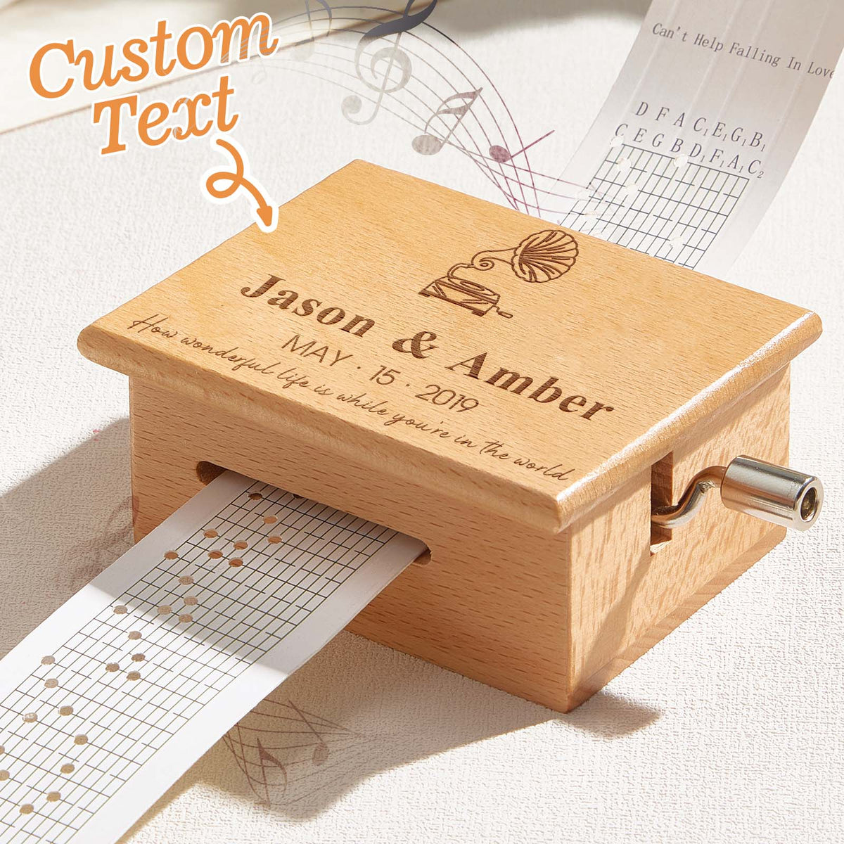 Custom Text Hand-Cranked Paper Strip Music Box – 15-Note Movement with 2 Pre-Printed Melodies (15 Seconds Each)