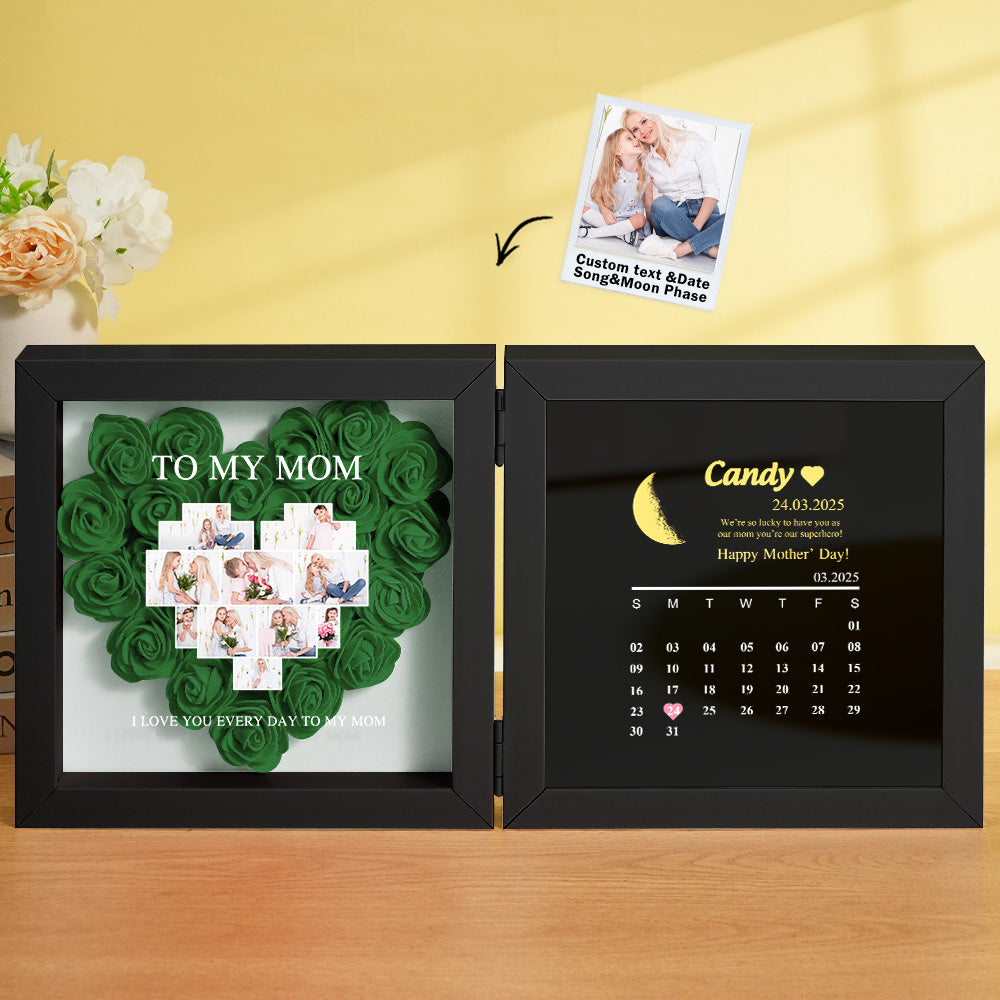 Personalized Flower Shadow Box with Moon Phase Calendar Hearts Flower Box Mother's Day Gift for Mom