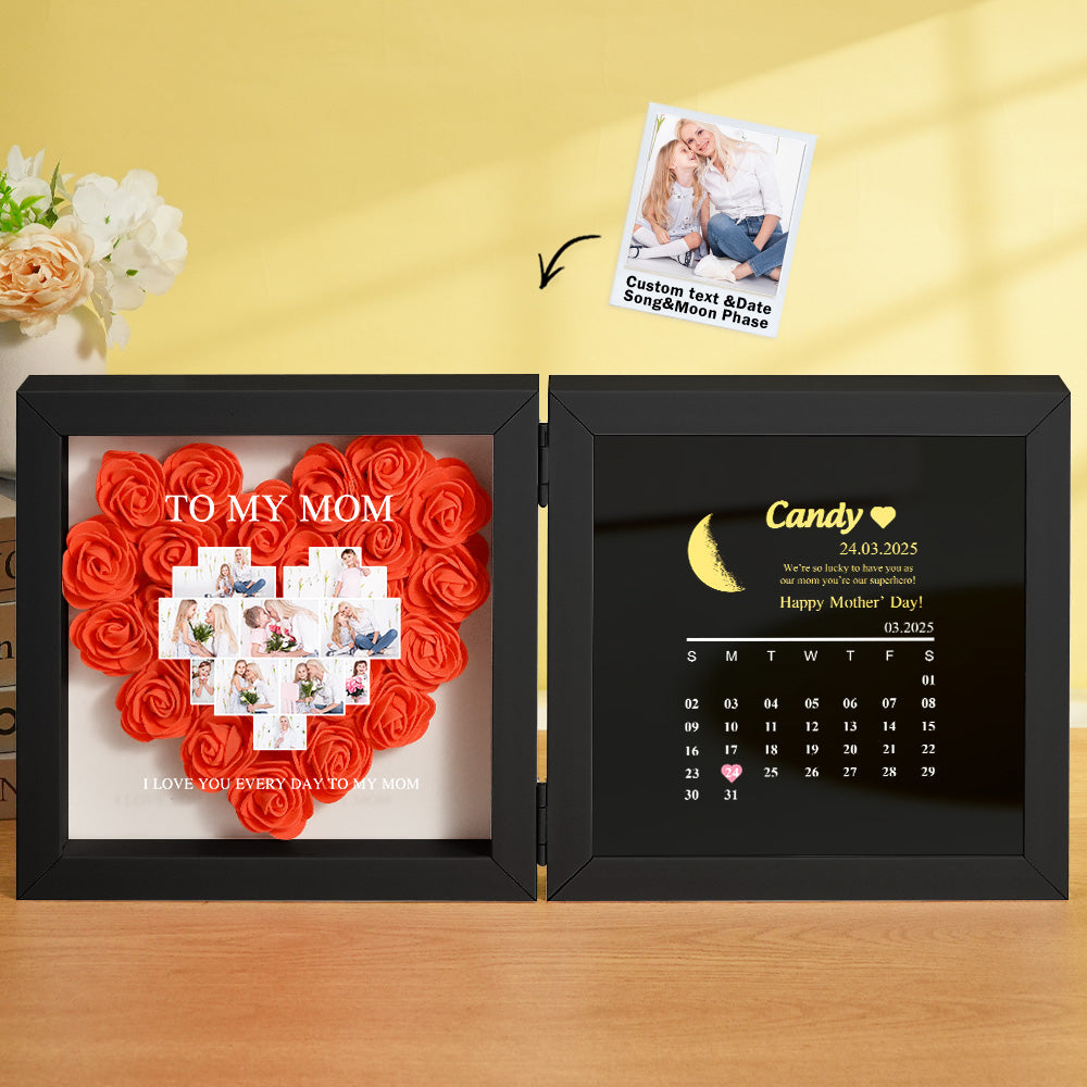 Personalized Flower Shadow Box with Moon Phase Calendar Hearts Flower Box Mother's Day Gift for Mom