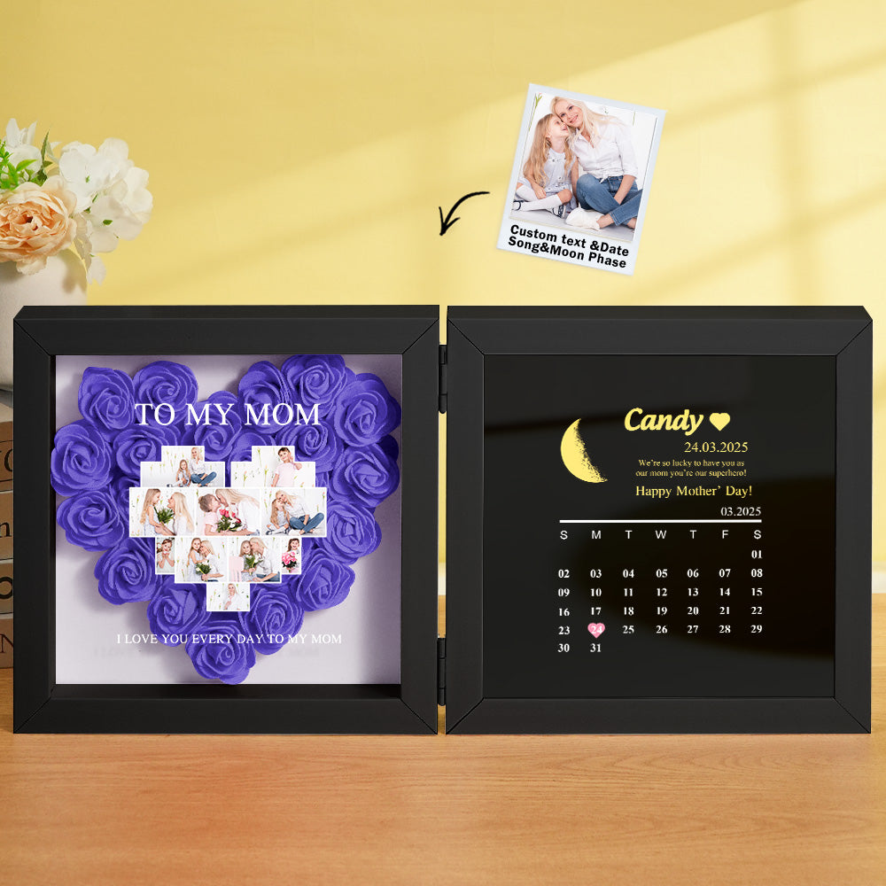 Personalized Flower Shadow Box with Moon Phase Calendar Hearts Flower Box Mother's Day Gift for Mom