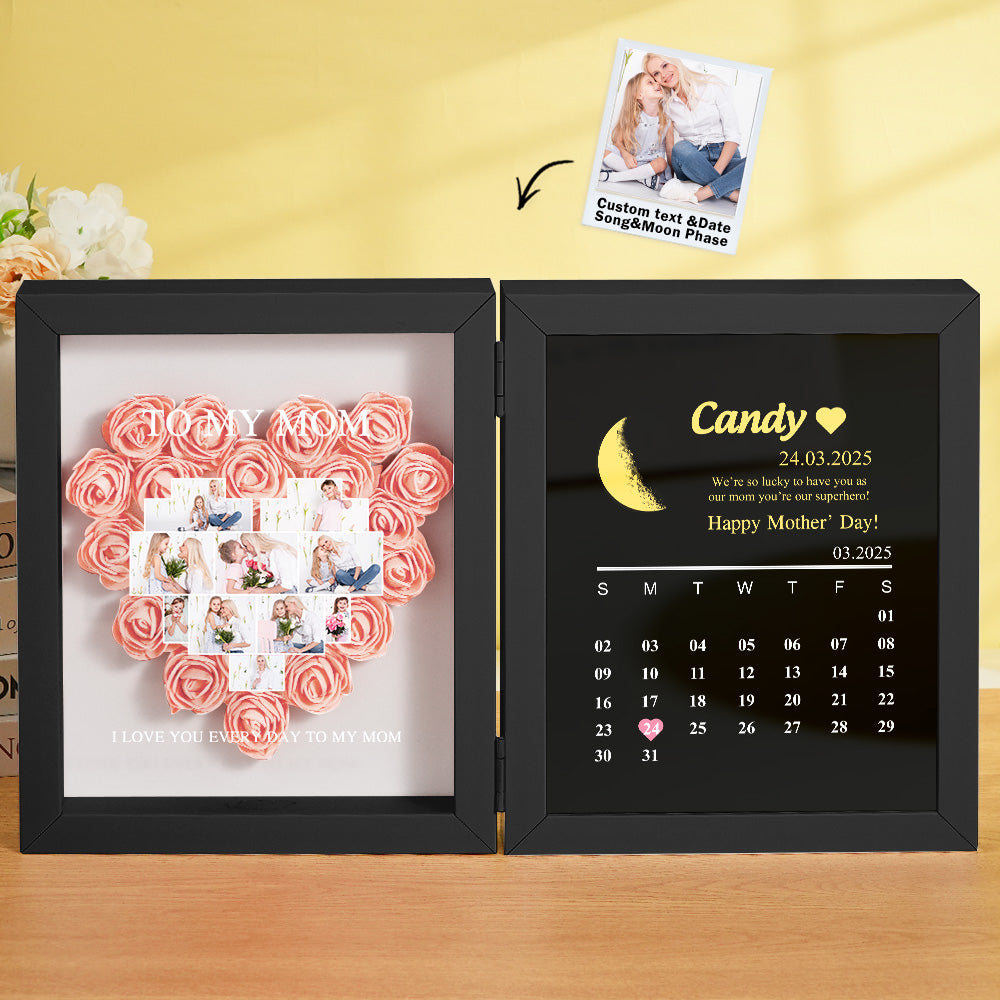 Personalized Flower Shadow Box with Moon Phase Calendar Hearts Flower Box Mother's Day Gift for Mom