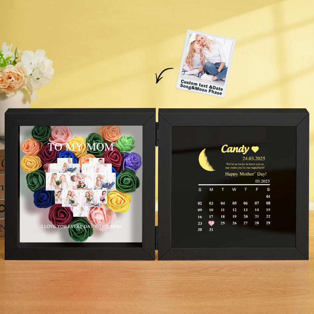 Personalized Flower Shadow Box with Moon Phase Calendar Hearts Flower Box Mother's Day Gift for Mom